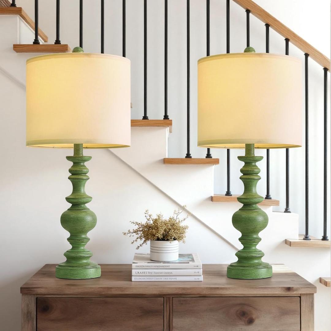 BOBOMOMO 24" Farmhouse Table Lamps Set of 2  Sage Green Bedside Lamps with Linen Shades, Medium Traditional Lamps for Living Room, Bedroom, and Entryway, Vintage Lamp with Soft Natural Serenity