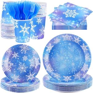 durony 144 Pieces Frozen Paper Plates and Napkins Dinnerware Set Winter Snowflake Party Tableware Supplies Includes Paper Plates Napkins Forks Serve 24 for Christmas Party Supplies