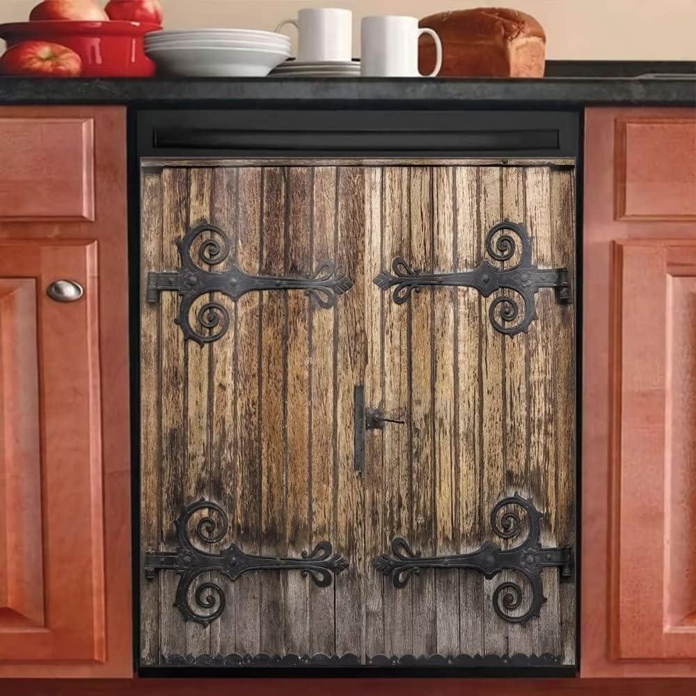 Retro Wood Door Dishwasher Magnet Cover, Creative Kitchen Appliances Panel Decorate Refrigerator Front Door Magnets Decals 23inch W x 26inch H (Diser113-4)