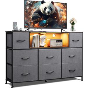 WLIVE Grey Dresser TV Stand for 45, 50, 55 inch TV, Entertainment Center with LED Lights & Charging Station, Chest of Drawers with 8 Fabric Drawers and Open Storage Shelves for Living Room, Hallway (Dark Gray)