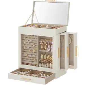 SONGMICS Jewelry Box with Glass Window, 5-Layer Jewelry Organizer with 3 Side Drawers, Jewelry Storage, with Big Mirror, Modern, 6.1 x 10.3 x 12.6 Inches, Cloud White and Metallic Gold UJBC162W01