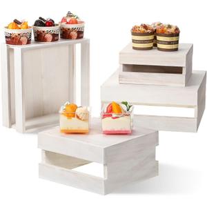 Sieral 4 Pieces Wood Cupcake Display Stand Decorative Dessert Appetizer Cake Stand Risers Wooden Crate Rustic Cake Risers for Storage for Party Christmas Halloween Wedding Decor(Vintage White)