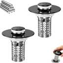 2 x Bathroom Sink Drain Strainer, Stainless Steel Pop-up Strainer Basket Hair Catcher with Removable Basket, Brass Bullet Core, Universal Fit 1.1-2.36 Inch Matte Black(2PCS)