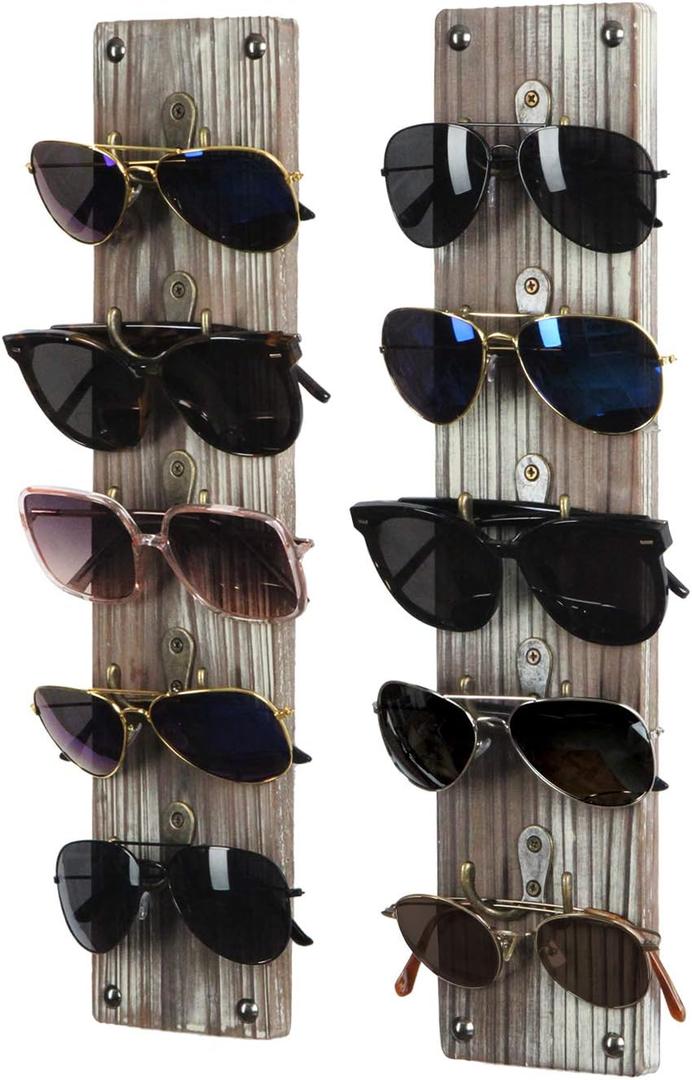 J JACKCUBE DESIGN Rustic Wood Wall Mounted Sunglasses Storage Organizer 10 Eyeglasses Holder Display Rack Set of 2 with 5 Metal Hooks on Each Holder -MK691A