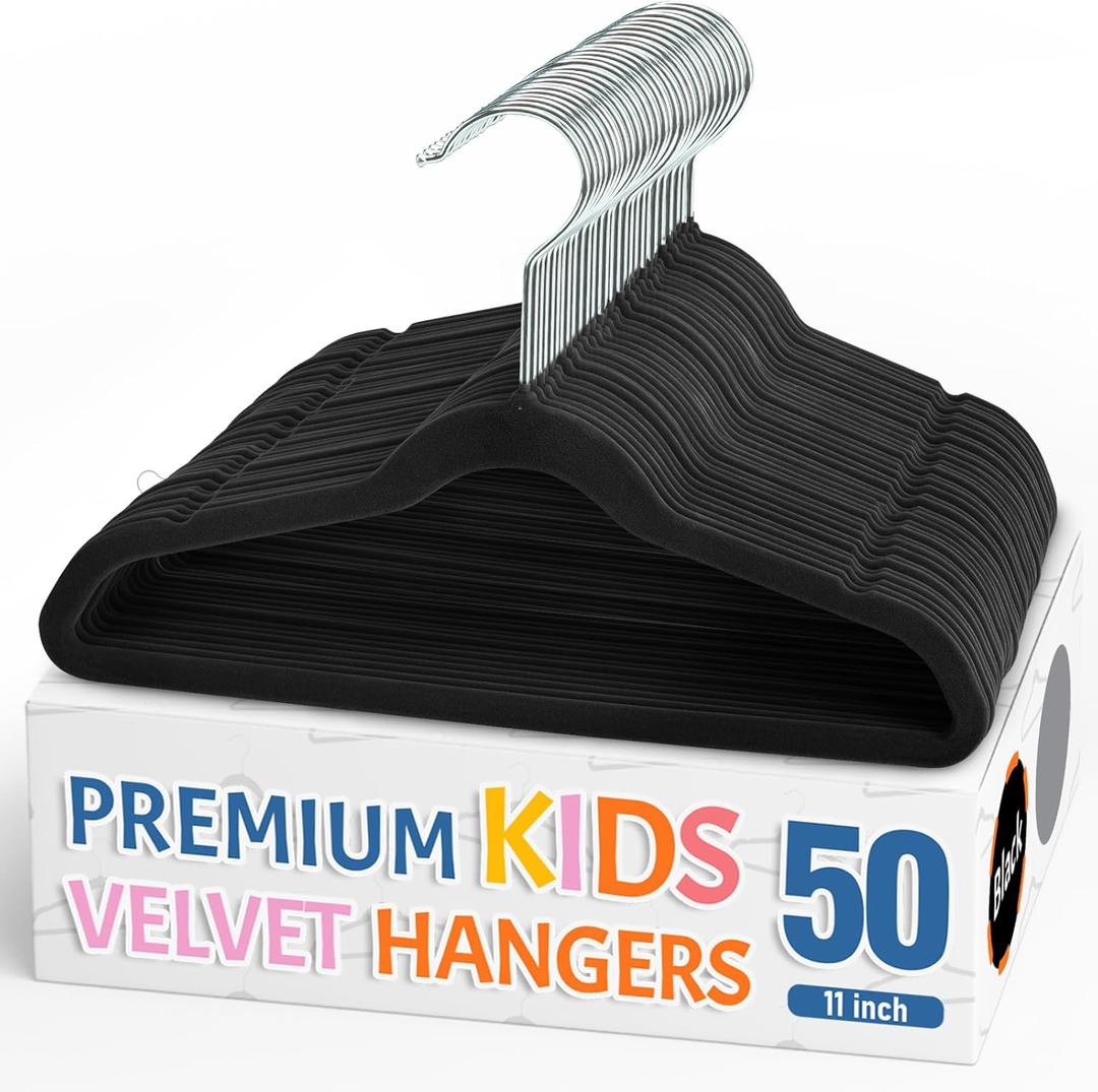 Smartor Premium 11 Inch Baby Hangers 50 Pack, Black Kids Velvet Hanger, Non Slip, Space Saving Felt Hangers Clothes Organizers for Closet with 360 Swivel Hook for Children, Infant & Toddler