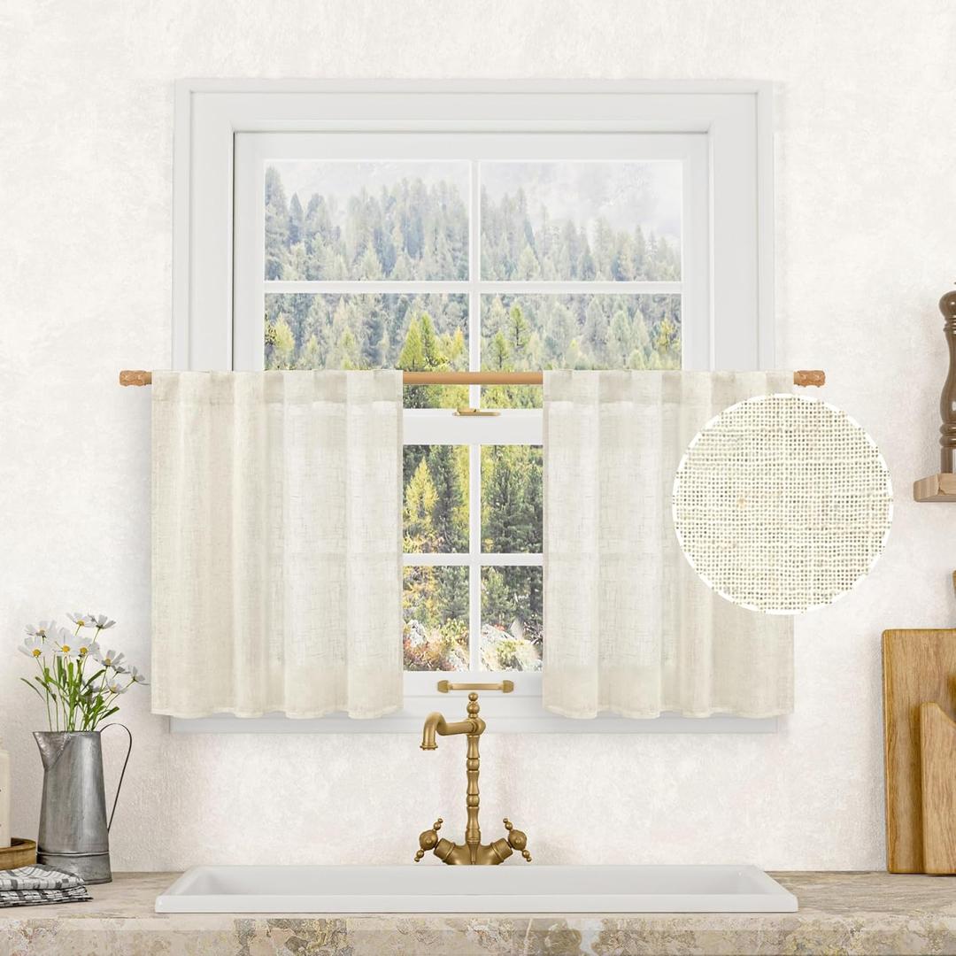 LAMIT Kitchen Semi Sheer Linen Curtains 24 Inch Long, Light Filtering Panels Back Tab and Rod Pocket Neutral Drapes for Cafe /Bathroom/Small Window, Natural, 2 Panels, 34 x 24 Inch