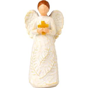 6.1 Inch Resin Angel Statue Holding Yellow Crystal Cross - Handcrafted White Religious Figurine, Christian Sympathy Gift for Women, Healing Home Decor for Easter Thanksgiving Christmas