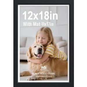 12x18 Picture Frame, Black Wood with Real Glass, 11x17 Mat, 1 Pack