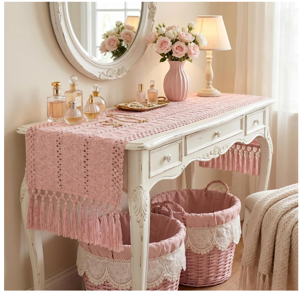 yuboo Pink Table Runner 48 Inches Long, Boho Dusty Rose Table Runner for Shabby Decor Farmhouse Dresser Runners for Bedroom, Nightstand, Coffee Table, Breakfast Table Decor