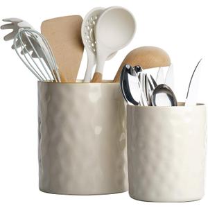 famiware Ocean Utensil Holder, 7.2"+5.8" Ceramic Kitchen Utensil Holder for Countertop, Cooking Utensil Crocks, Utensil Organizer for Spatula & Spoon, Kitchen Decor, Set of 2, Vanilla White