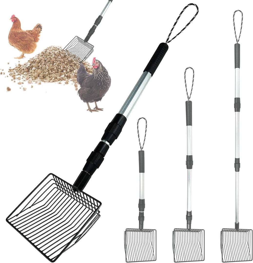 Chicken Poop Scooper 3 in 1 Adjustable Long Handle Litter Scoop Heavy Duty Metal Chicken Poop Scooper Litter Sieving Shovel, Chicken Coop Accessories (22-41.7")