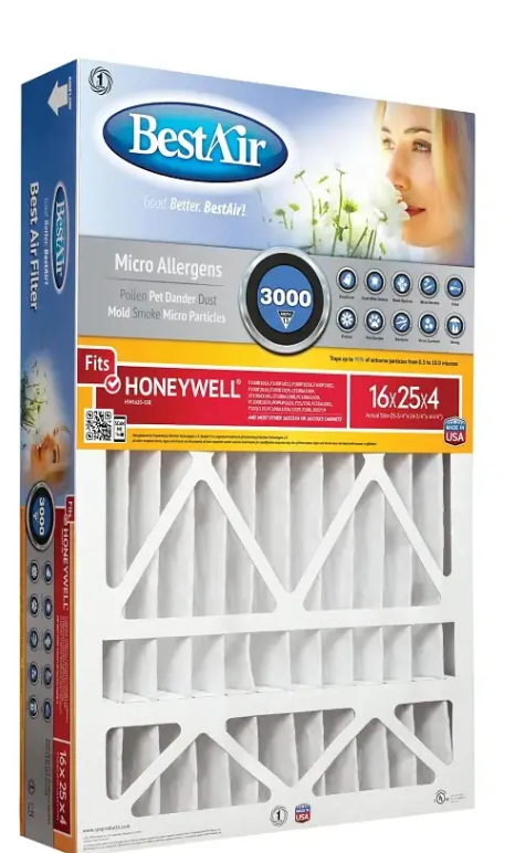 BestAir HW1625-13R-XCP3 Air Cleaning Furnace Filter, 16 in L, 25 in W, 13 MERV, 1500 to 1900 MPR, Cardboard Frame - pack of 3