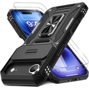 DEERLAMN Case for iPhone Air 6.5-Inch with Slide Camera Cover+Screen Protector(2 Packs), Rotated Ring Kickstand Military Grade Shockproof Protective Cover-Black