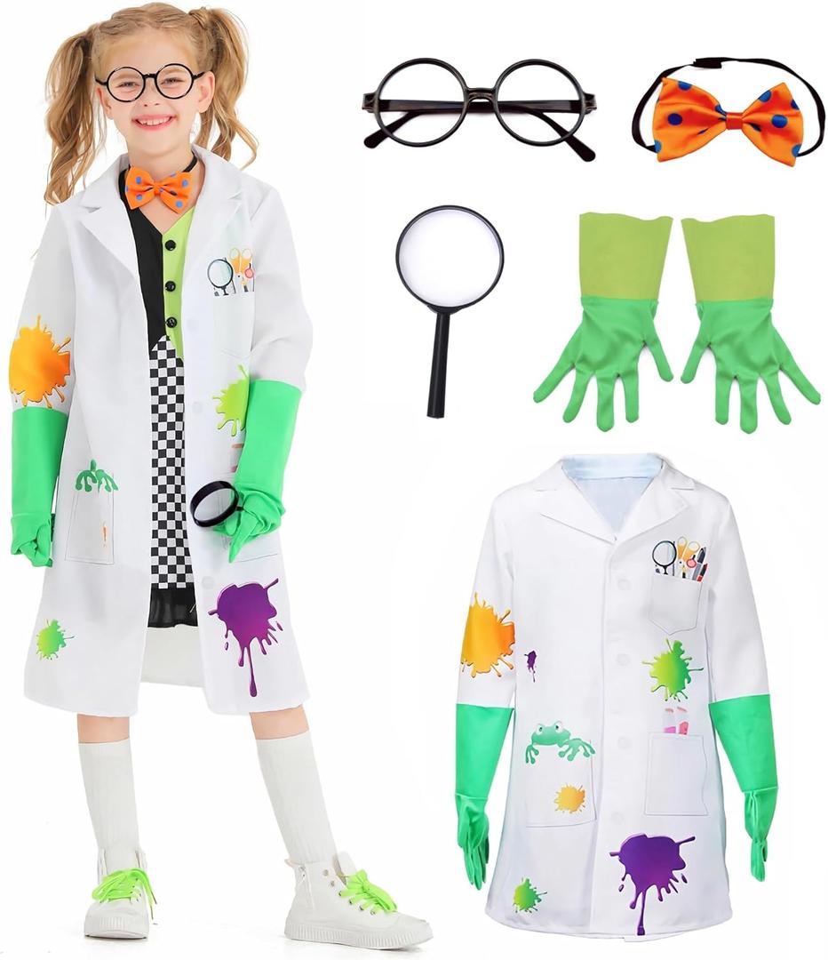 Kids Mad Scientist Costume with Eyeglass Frames Bow Tie Gloves Magnifying Glasses 5Pc Kids Lab Coat Halloween Dress Up (2-4T)