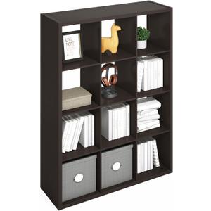 Furinno Simple Cube Storage Organizer, 12-Cube Display Shelf, Open Back Shelving Unit, Storage Shelves, Extra Thick Frame, for Organization and Storage, Living Room, Home Office, Dark Oak