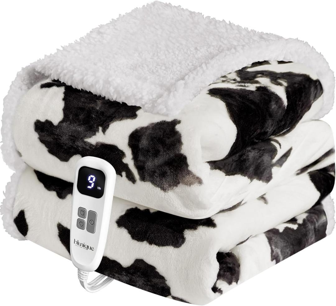 Heated Blanket Throw Electric Blanket  Fast Heating Blanket with 10 Heat Settings & 10 Hours Auto Off, Cow Print Blanket Cozy Soft Fleece Sherpa, Washable, Warm Gifts for Grandma (Throw 50" x 60", 12 - Black White Cow)