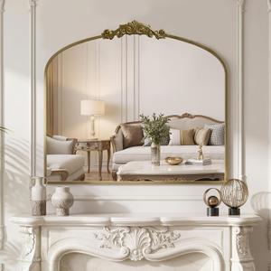 Arched Wall Mirror, 30" x 36" Vintage Carved Bathroom Mirror with Antique Bronze Aluminum Frame, Retro Decorative Wall Mirror for Bedroom, Living Room, Entryway, Fireplace & Hallway