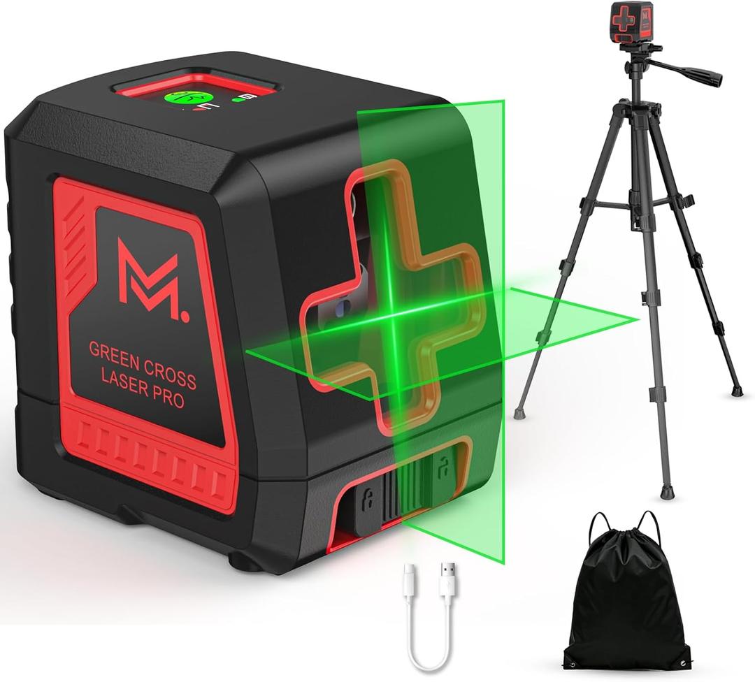 Laser Level 100Ft Self Leveling Green Cross Line, 2-Line Laser Level with Tripod & Rechargeable Lithium Battery, Indoor for Picture Hanging Tile DIY Construction