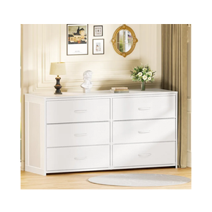 Dresser for Bedroom with 6 Drawers, 51 Inch White Dresser TV Stand for 40,45,50 Inch TV, Wood Top and Side, Fabric Drawers, Storage, Dressers for Closet, Living Room, Hallway, Entryway