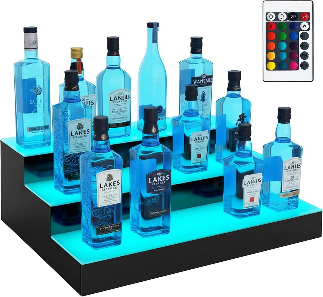 Royxen LED Lighted Liquor Bottle Shelf 3 Tier, 24 Inch Bar Shelf with Remote, Bottle Stand Multicolor Lighting Modes for Bars
