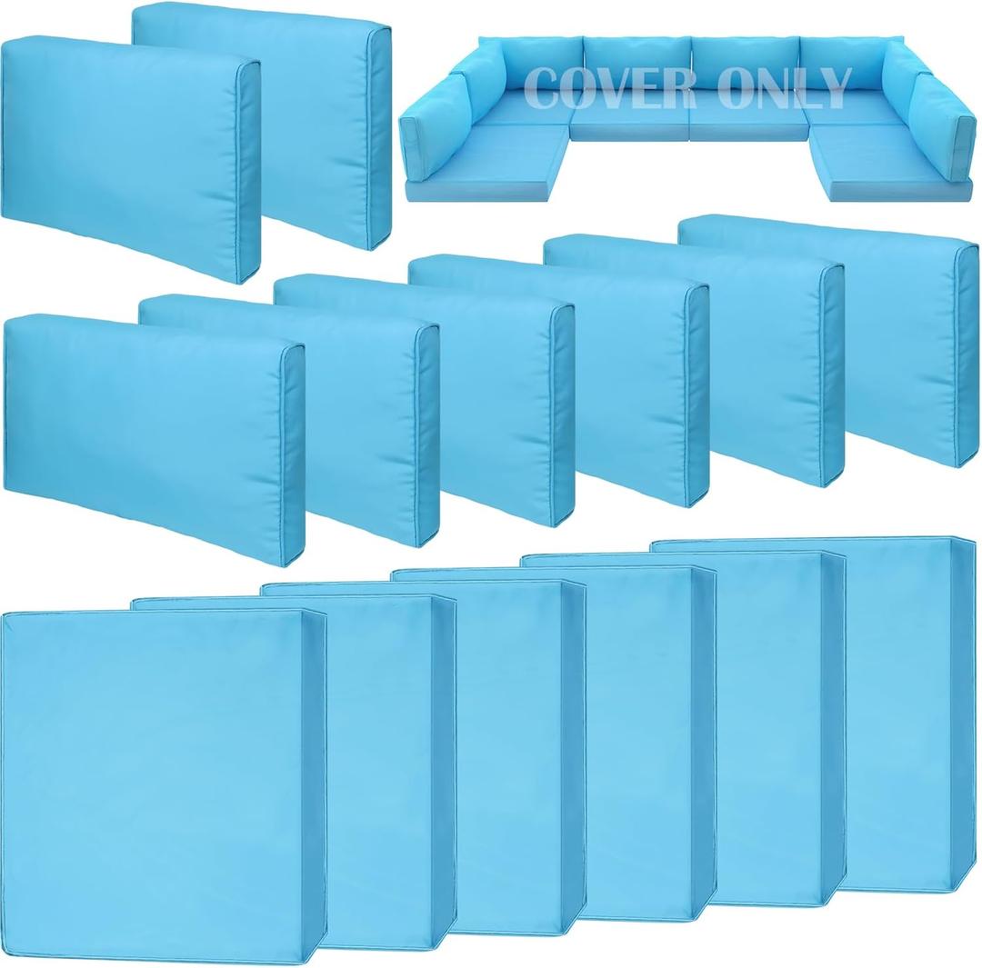 14 Piece Outdoor Patio Waterproof Cushion Covers, Fits 6-Seat Wicker Rattan Sectional Couch Chair Furniture Cover Replacement Set - Fade-Resistant Patio Cushion Covers with Zipper (Lake Blue)