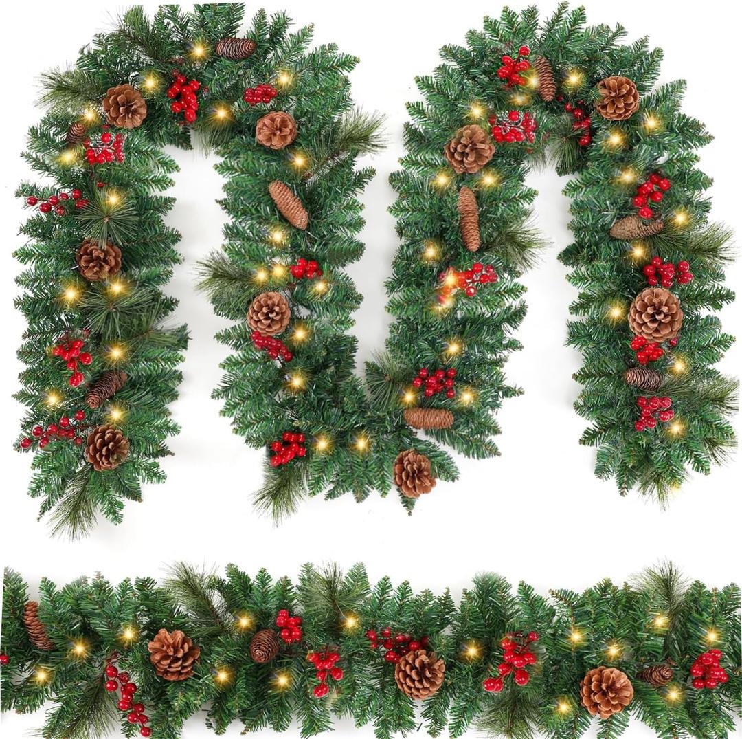 9FT Christmas Garland Decoration Prelit Christmas Garland with 100 Lights - Lighted Garland with Pine Cones Red Berries Cedar Lush 282 Branches Garland for Mantle Stairs Door Tree Timer