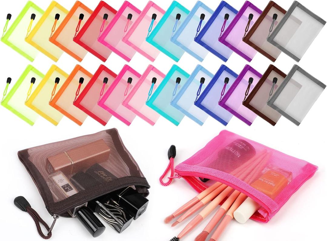Jexine 24 Pcs Mini Zipper Mesh Bags Lipstick Cosmetic Accessories Organizer Nylon Makeup Zipper Pouch Small Cosmetic Bag for Purse Beauty Mesh Travel Pouch for Women(5 x 4 Inch, Bright Color)