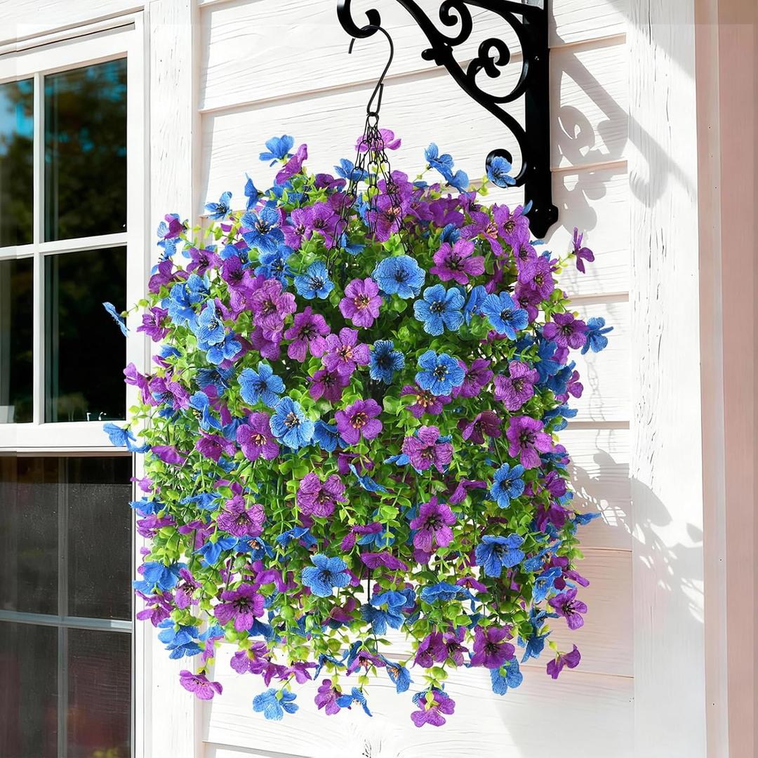 Artificial Flowers Hanging Baskets, 4 Bundles Outdoor Hanging Basket Spring Summer Decoration, No Fade Realistic Fake Flowers Plants for Porch Patio Balcony Home Yard Decor(Purple Blue)