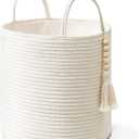 Mkono Woven Storage Basket with Handles Decorative Cotton Rope Basket Wooden Bead Decoration for Blankets,Toys,Clothes,Living Room Home Decor, 11", White