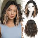 Dark Brown Mixed Blonde Short Wavy Wig for Women Lace Hairline Bob Style Synthetic Heat Resistant - Natural Appearance for Everyday Hairstyle 14 Inch
