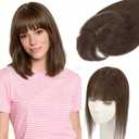 Rich Choices Real Human Hair Toppers for Women 3D Cover Clip in Bangs 100% Remy Human Clip in Silk Base Hair Topper with Bang for Thinning 150% Density 10 Inch #2R Chocolate Brown
