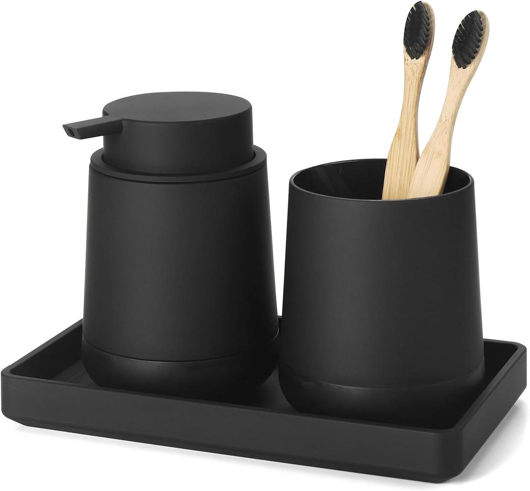 Black Bathroom Countertop Accessories Set - Soap Dispenser and Toothbrush Holder with Silicone Boot,Vanity Tray (Black Liquid)