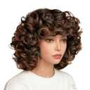 Short Curly Wig For Women Afro Wigs For Black Women Black Mixed Brown Color Big Curly Wig With Bangs Loose Curls Synthetic Wig Big Bouncy Fluffy Curls Wigs For African American Women Daily Wear
