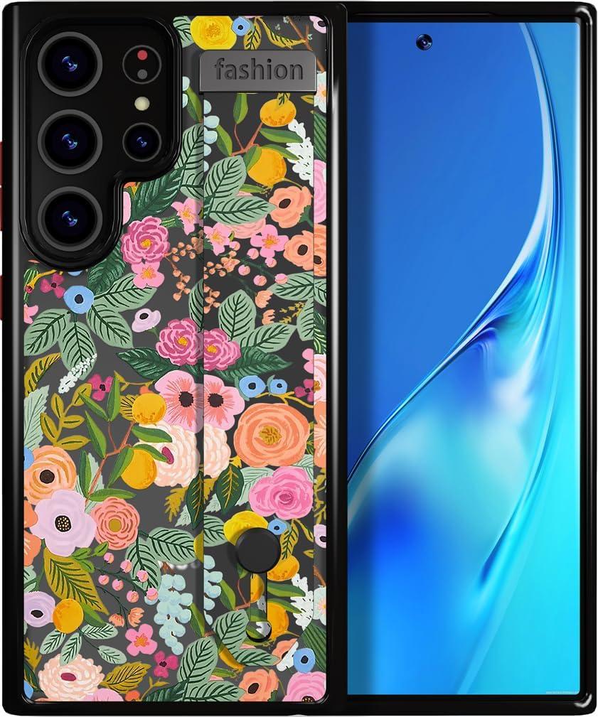 S23 Ultra Case Cute with Stand/Shockproof Slim Strap Kickstand Phone Case for Women Girls Compatible with Samsung Galaxy S23 Ultra/Abstract Lovely Flowers Florals