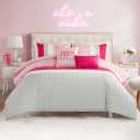 Juicy Couture Color Blocked King Striped 5-Piece Comforter Set - Pink/White/Grey Designer Bedding Set