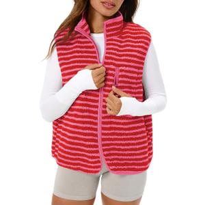 Gacaky Women's Striped Vest Winter Warm Cropped Stand Collar Full Zip Sleeveless Fleece Jacket Zip Gilet Fashion Trendy Tops (Red, L)