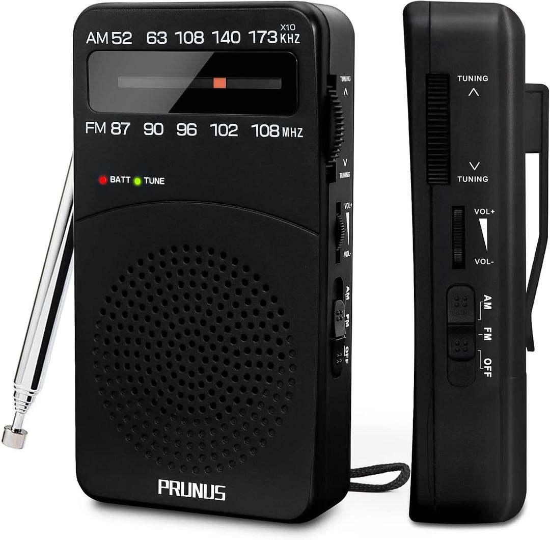 PRUNUS J-166 Portable Radio AM FM, Battery Operated Radio with Tuning Light, Back Clip, Excellent Reception, AM FM Radios Portable, Transistor Radios (Black)
