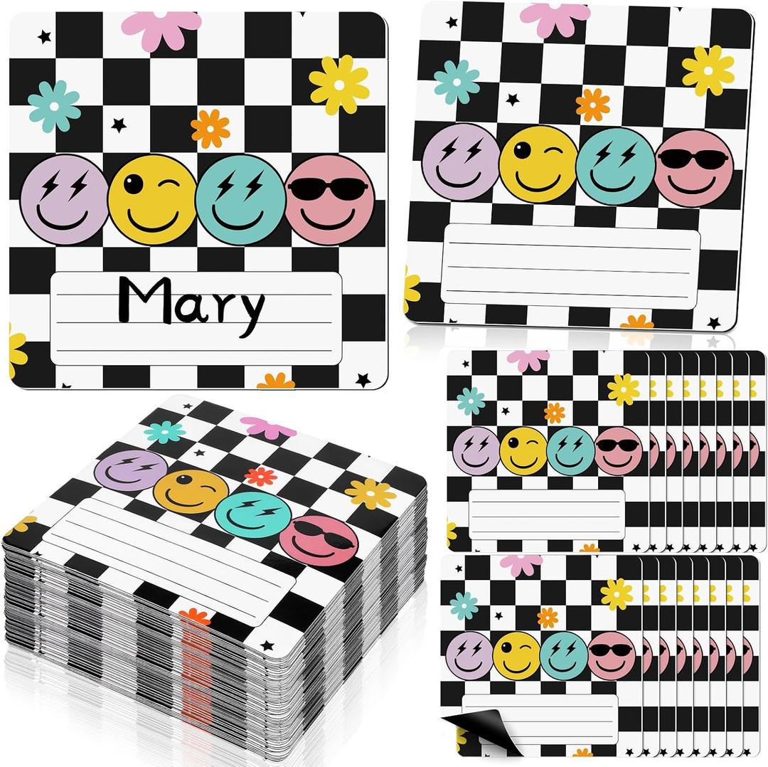 Sabary 48 Pcs Checkered Classroom Decor Magnetic Name Tags 4.7'' X4.7'' Black White Checked Reusable Dry Erase Labels Thickened Magnetic Back Name Plate Stickers for Locker Whiteboard Office Supplies
