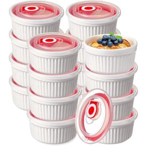 12 Pack 8 oz Ramekins with Lids Oven Safe Porcelain Creme Brulee Ramekins with Covers White Pudding Custard Cups Stackable Ramekins Ceramic Bowls for Baking Dishwasher Ice Cream Serving Dip
