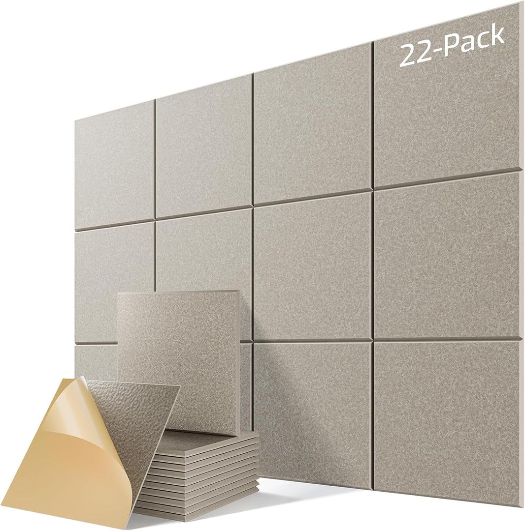 22 Pack Self-Adhesive Acoustic Panels, 12" X 12" X 0.4" High-Density Sound Proof Foam Panels for Walls, Soundproof Wall Panels for Home & Office (Camel)