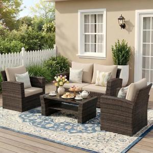 Wisteria Lane Patio Furniture Set, Wicker Outside Outdoor Furniture for All Weather, Patio Sofa with High Backrest Support and Wide Armrest for Backyard, Balcony, Deck, Porch, Brown (4)