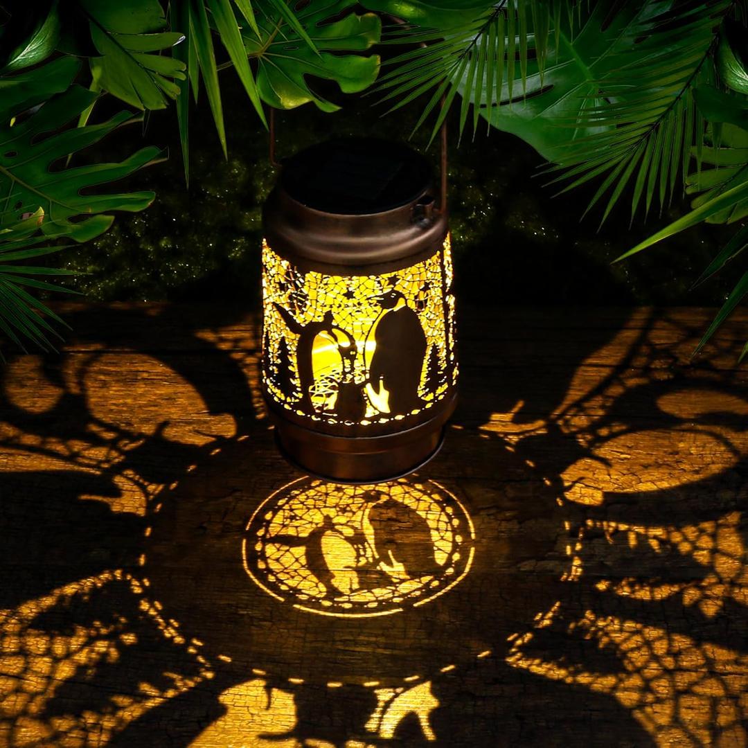 Penguin Birthday Gifts for Women Mom Grandma, Solar Lanterns Outdoor Waterproof Garden Decor Hanging Lantern Lights, Metal LED Decorative Gardening Light for Patio Yard Lawn Porch