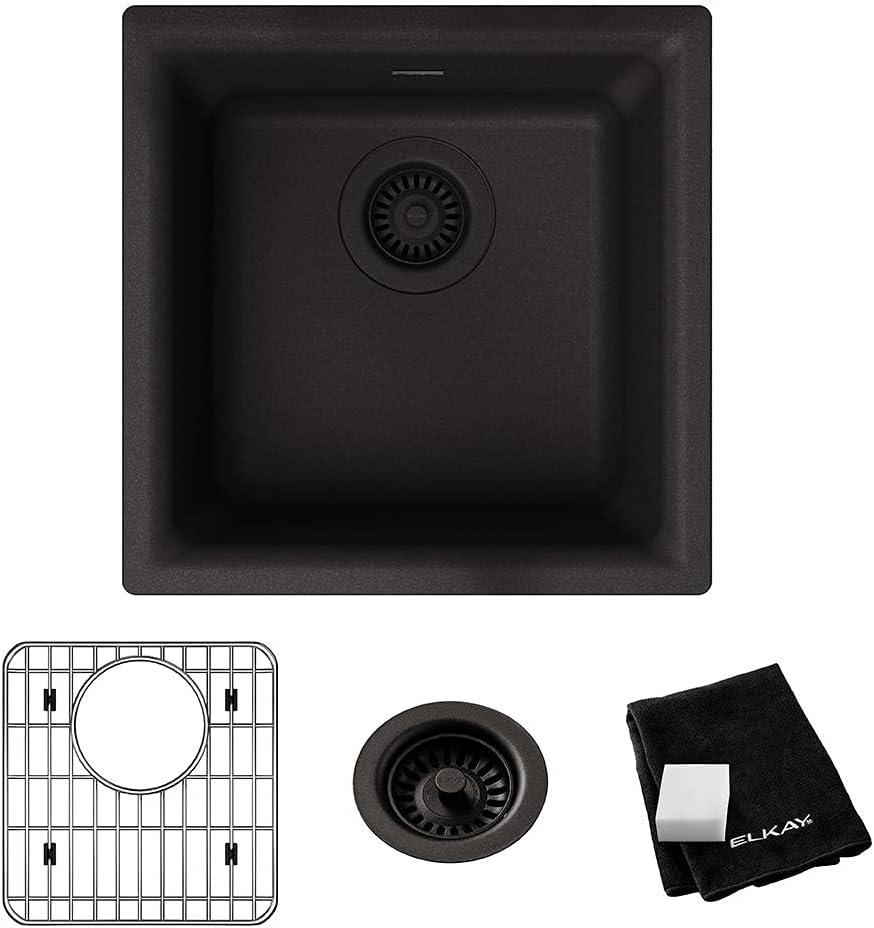 Elkay Quartz Classic ELG1616BK0C 15-3/4" x 15-3/4" x 7-11/16", Single Bowl Dual Mount Bar Sink Kit, Black (Sink + Grid + Drain)
