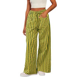 Acelitt Women Casual Drawstring Elastic Waist Loose Wide Leg Striped Pants with Pockets (Medium, Yellow)