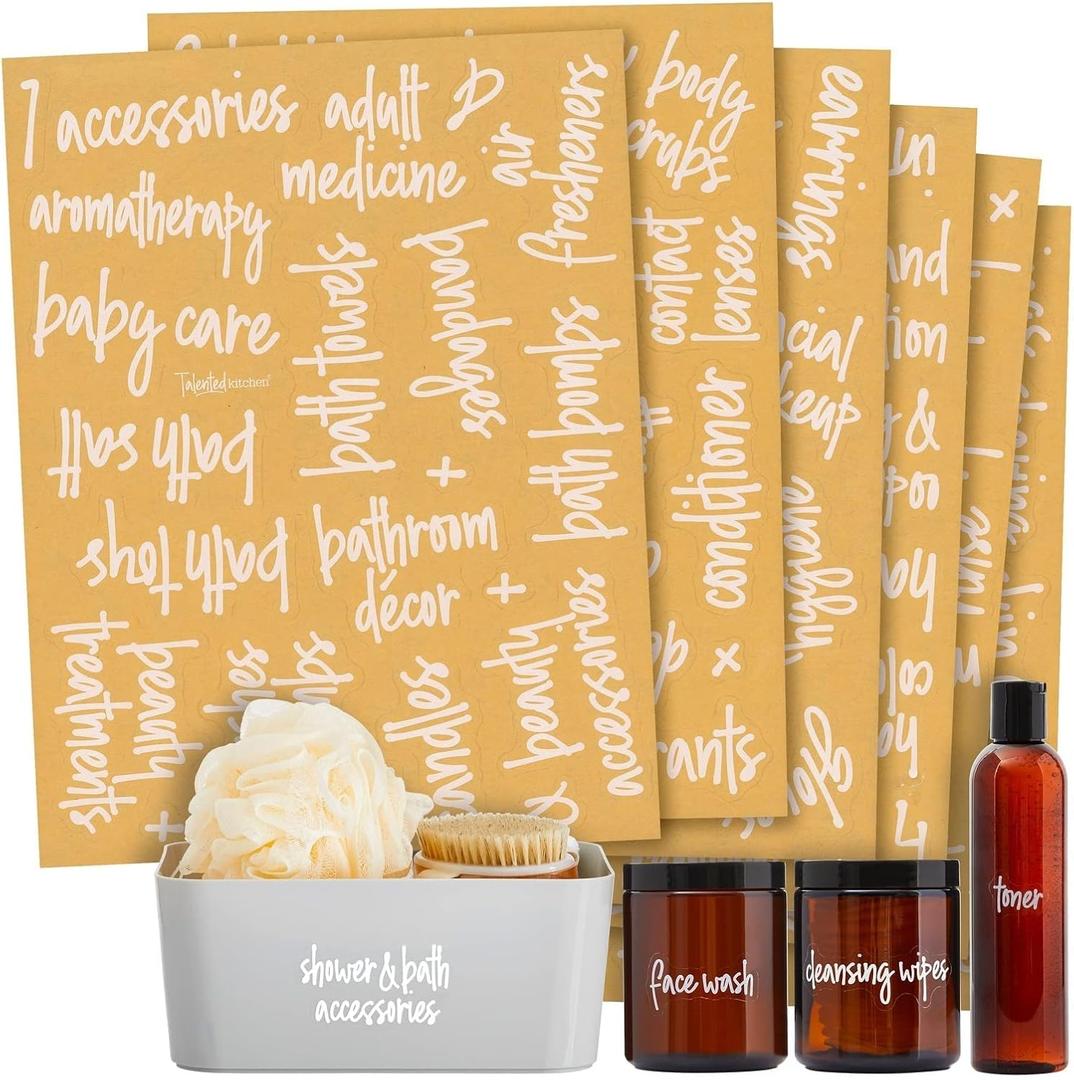 Talented Kitchen 192 Preprinted Bathroom Labels for Containers - White Script Stickers for Organizer Bins, Bath, Beauty Canisters, and Makeup Storage Organization (Water Resistant) (Varies)