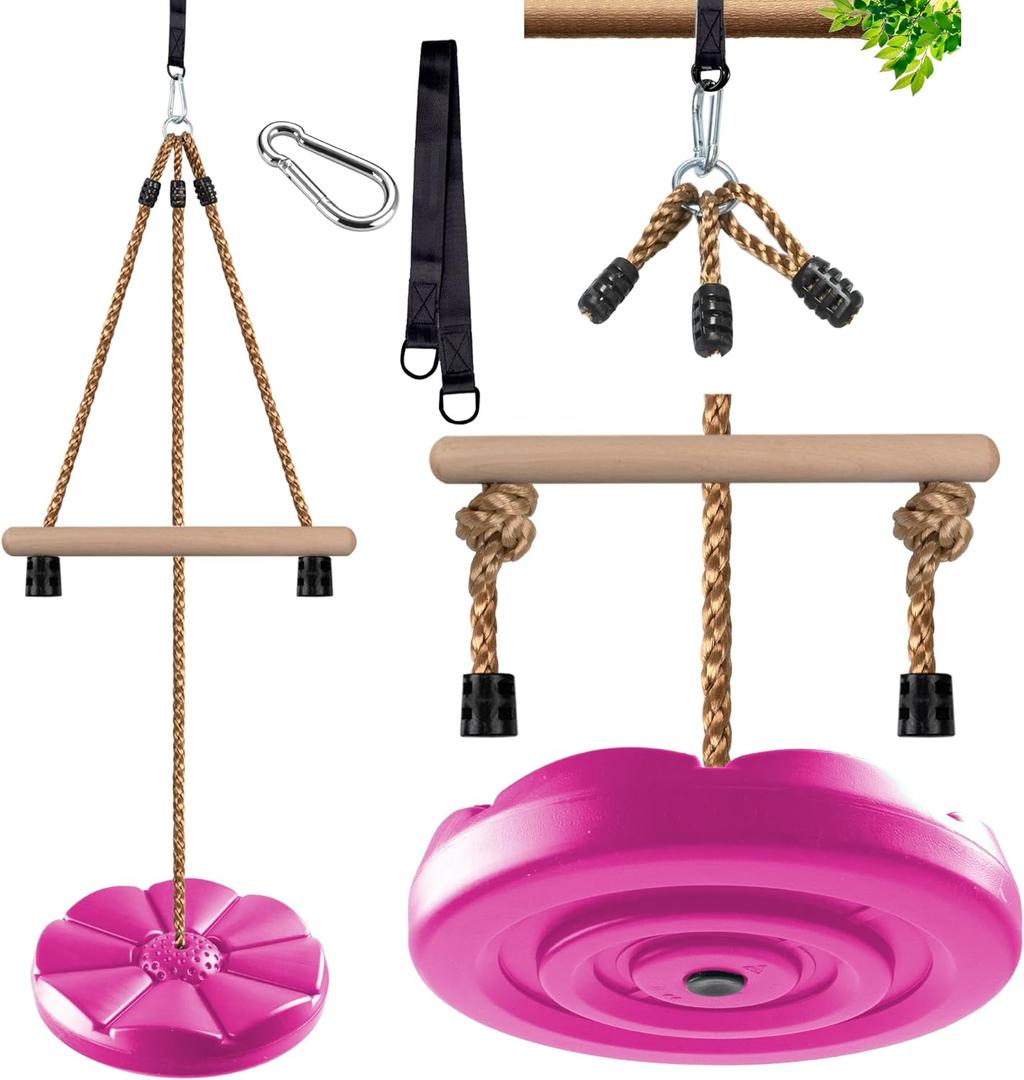 KINSPORY Disc Swing for Kids, Swing Set Accessories, 7FT Height Adjustable Gym Monkey Bars, Hanging Tree Seat for Backyard, Outdoor Play Equipment (Rose Pink)