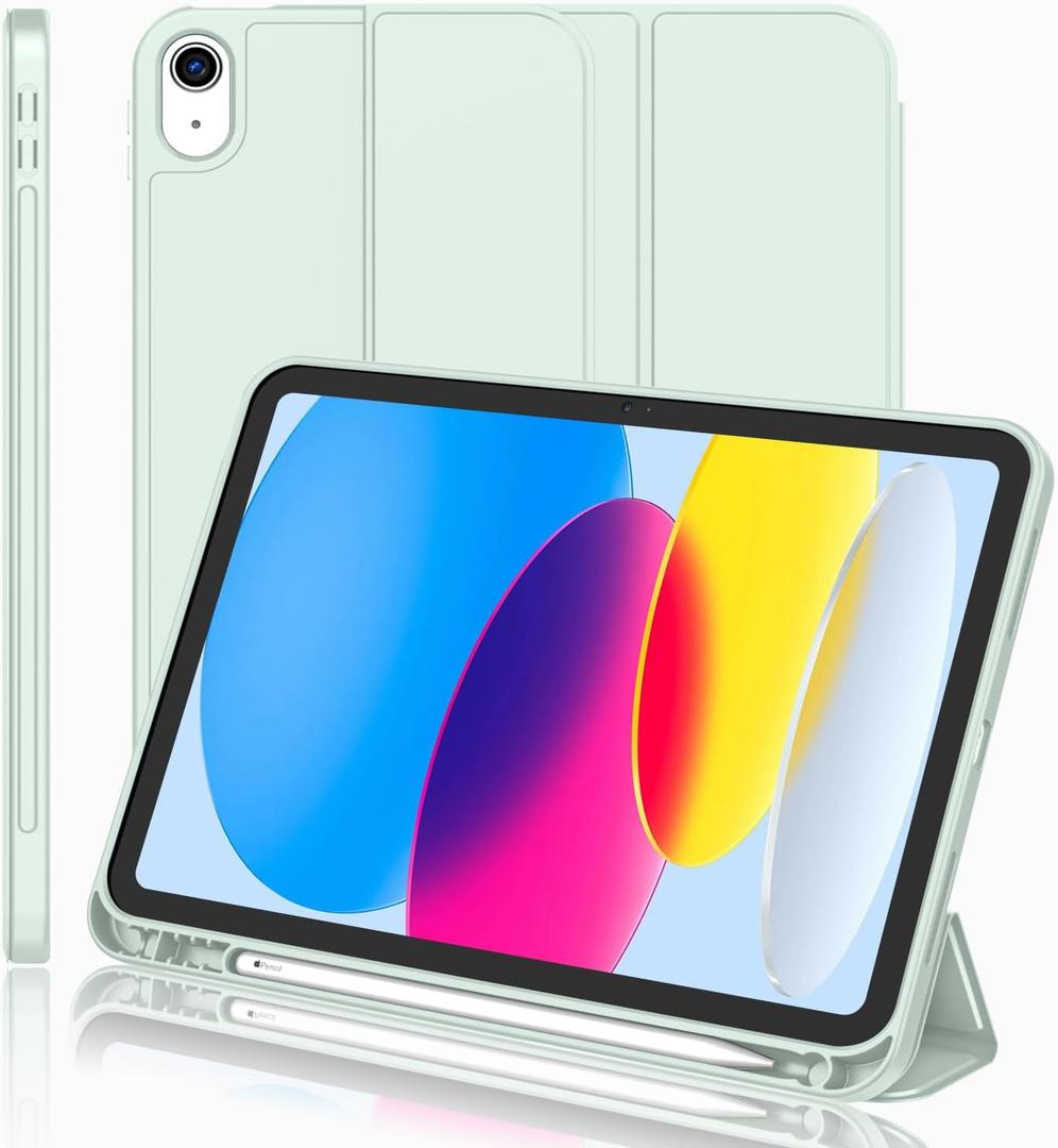 iMieet iPad (A16) Case 11th Gen/iPad 10th Generation Case [11-Inch 2025/10.9 Inch 2022] with Pencil Holder, Trifold Stand Smart Cover with Soft TPU Back,Auto Wake/Sleep(Light Green)