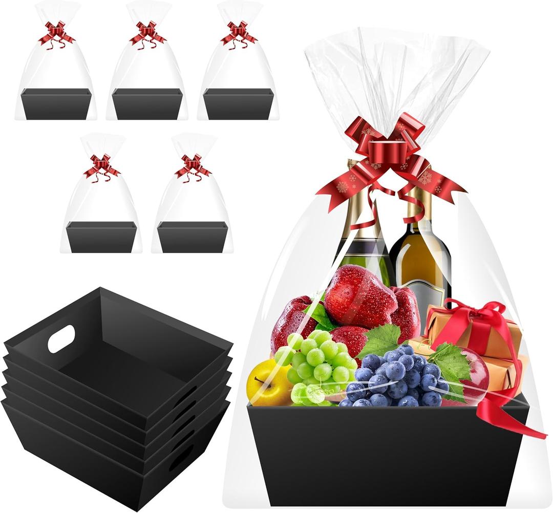 Baskets for Gifts Empty - Gift Baskets Empty To Fill Kit - Black Basket Cardboard To Fill Bulk 5 Pack for Holiday, Birthday, Christmas, Valentines Day and Any Occasion