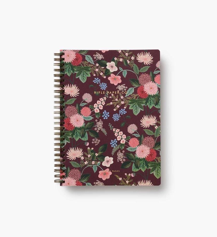RIFLE PAPER CO. Dahlia Spiral Notebook, Full Color Illustrated Softcover with Gold Foil Accents, 150 Ruled Perforated Pages, 6.25" W x 8.5" L, Pocket Folders for Storage