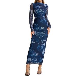 XinFSh Women's Spring Long Sleeve Wedding Guest Maxi Dress Mesh Ruched Bodycon Formal Cocktail Dresses (Blue, M)